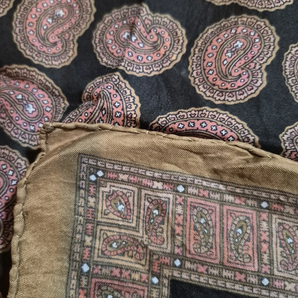 Vintage Silk Paisley Square Scarf Hand Rolled Hem Pink Tan Black 18x18